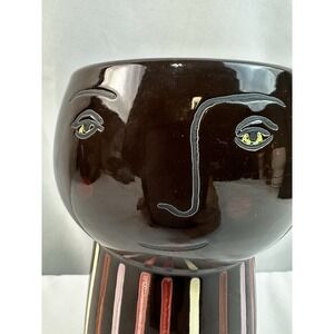 Unique Ceramic Face Planter Modern Abstract Art Brown Striped Pot